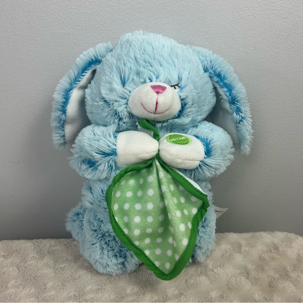 Midwood Brands Blue Bunny Rabbit Plush Stuffed Animal Praying Green Dot Blanket